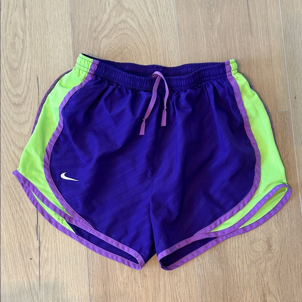 Nike Women's Vibrant Purple and Lime Athletic Shorts